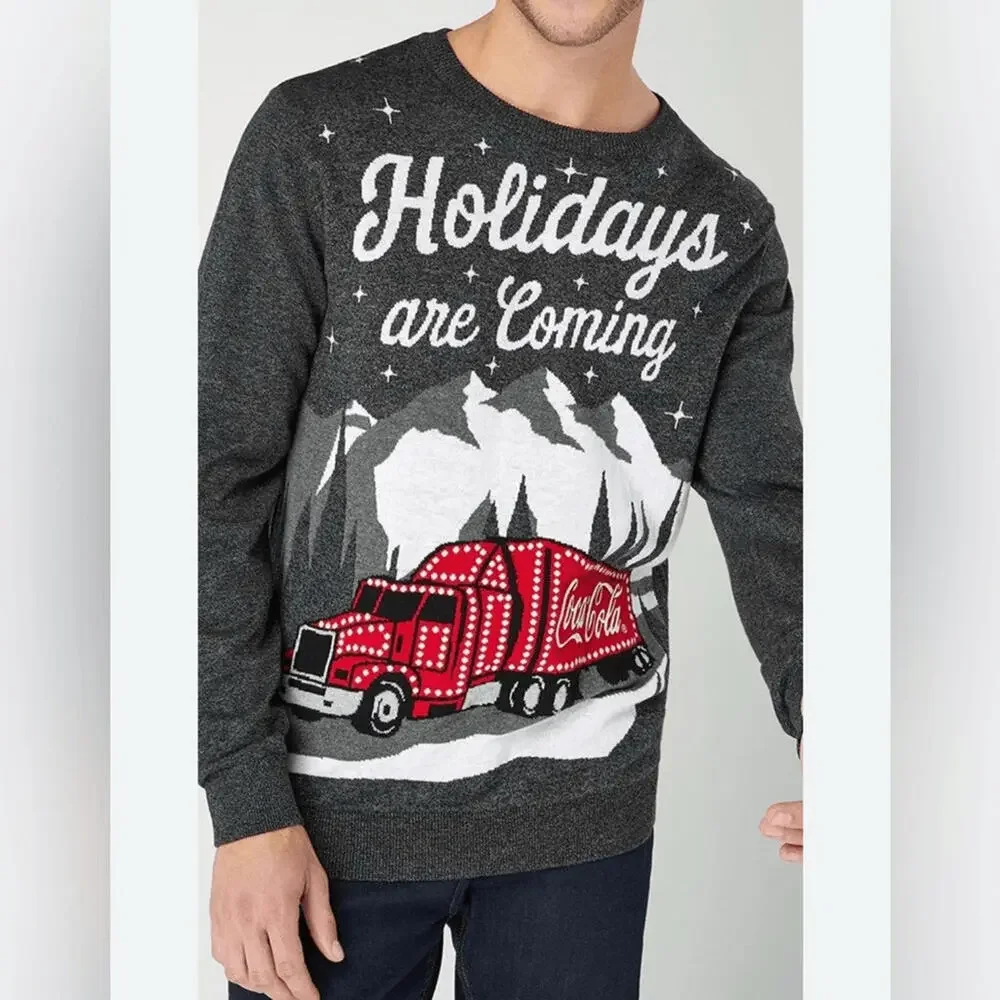 Coca-Cola Holidays Are Coming Christmas Truck Gray Sweater Size‎ Large L Y2K